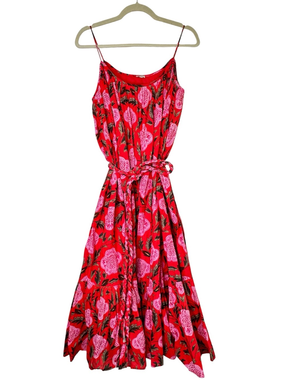 Rhode Lea Midi Dress Sleeveless Floral Print Flare 100% Cotton Red Green Pink XS